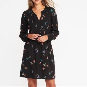 Old Navy Black Floral Long Sleeve Pintuck Swing Dress